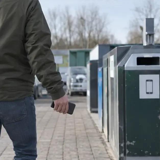 Persoon loopt met een smartphone naar een neutraal gemeentelijk recyclingstation met containers voor kleine apparaten