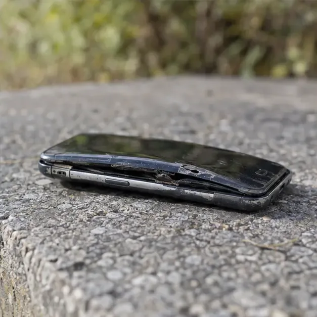 Zichtbaar vervormde en beschadigde smartphone ligt onaangeraakt op een stenen ondergrond als voorbeeld van een risicovolle accu
