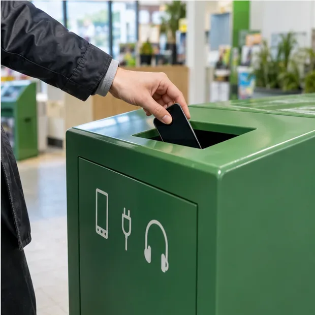 Een persoon brengt een oude smartphone naar een groene inzamelbak voor elektrische apparaten