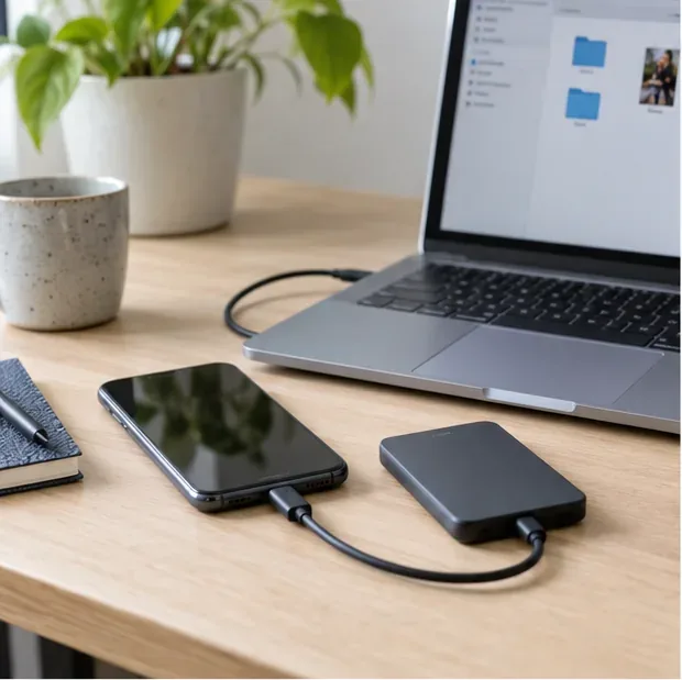 Een smartphone ligt naast een laptop en een externe schijf terwijl een back-up wordt voorbereid