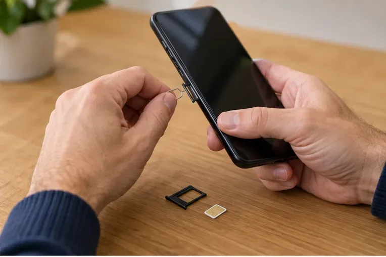 Handen verwijderen de simkaarthouder uit een zwarte smartphone op een tafel