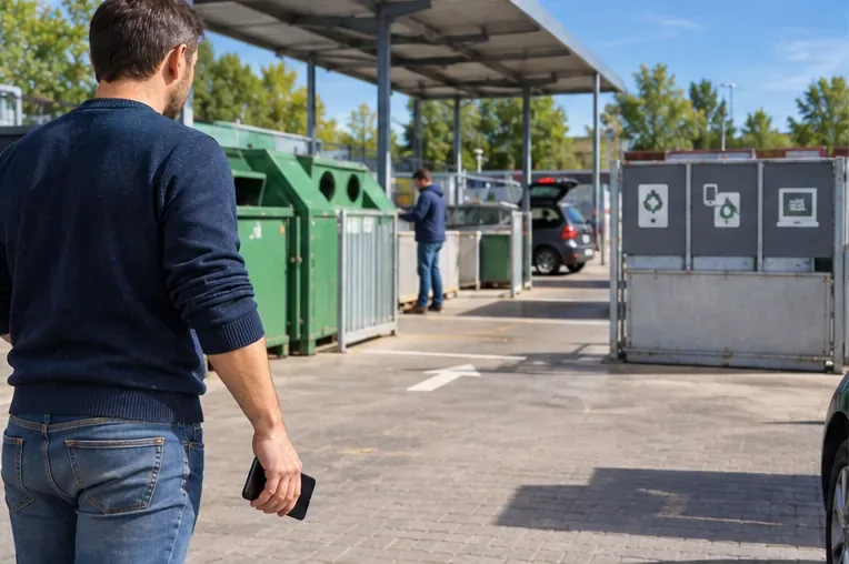 Een man loopt met een oude smartphone naar een milieustraat met verschillende inzamelcontainers