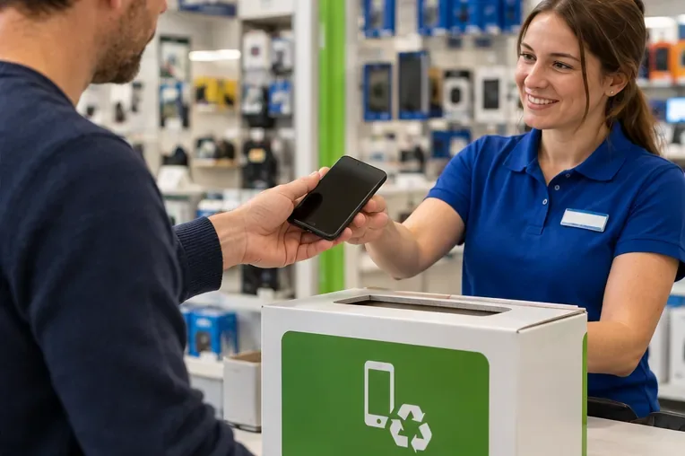 Een klant overhandigt een oude smartphone aan een medewerker bij een inzamelpunt in een elektronicawinkel