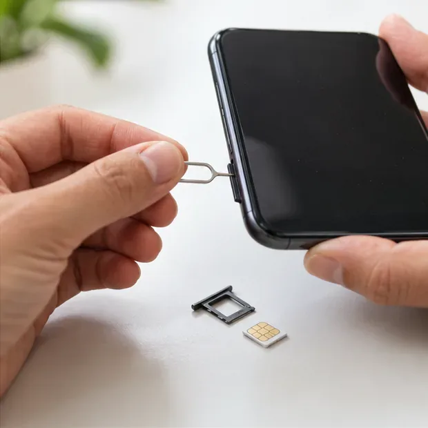 Handen halen met een SIM-tool de SIM-lade uit een smartphone