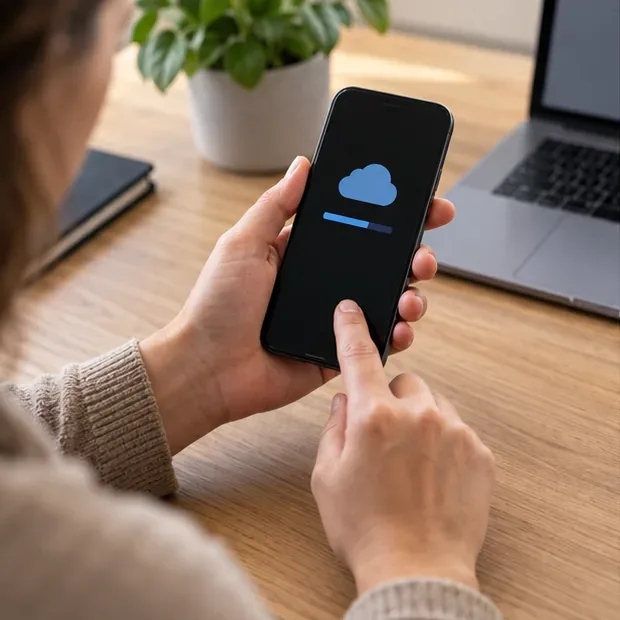 Een gebruiker maakt thuis een back-up van een smartphone naast een laptop