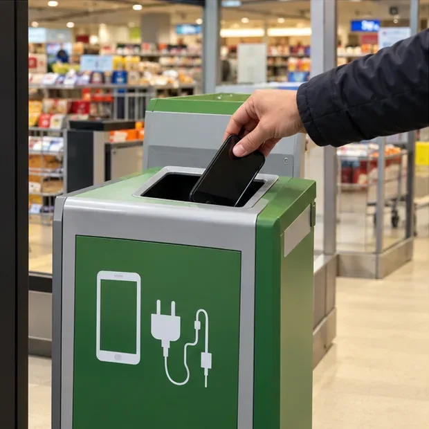 Een hand laat een oude smartphone in een inzamelbak voor kleine elektrische apparaten zakken