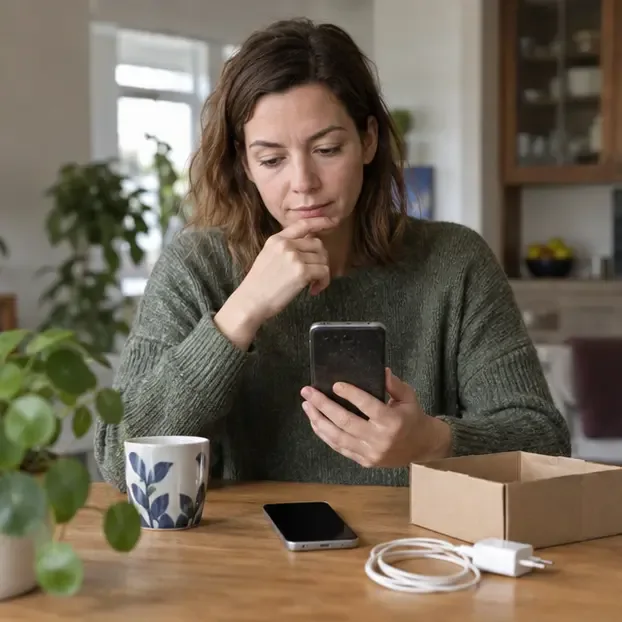 Een vrouw bekijkt een oude smartphone aan een tafel met een tweede telefoon, oplader en doos