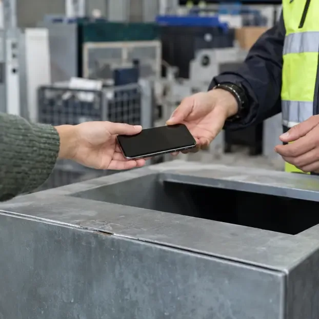 Een medewerker neemt een smartphone aan boven een metalen inzamelbak voor elektronische apparaten