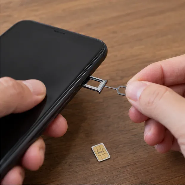 Een hand verwijdert de simkaarthouder uit een zwarte smartphone op een houten tafel