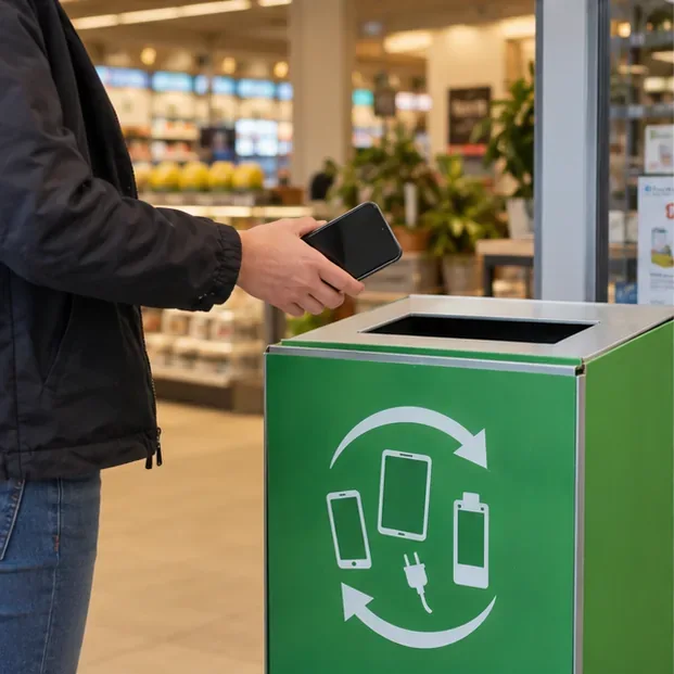 Iemand houdt een oude smartphone boven een groene inzamelbak voor kleine elektrische apparaten in een winkel