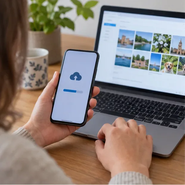 Een smartphone wordt thuis geback-upt terwijl een laptop met bestanden op de achtergrond staat