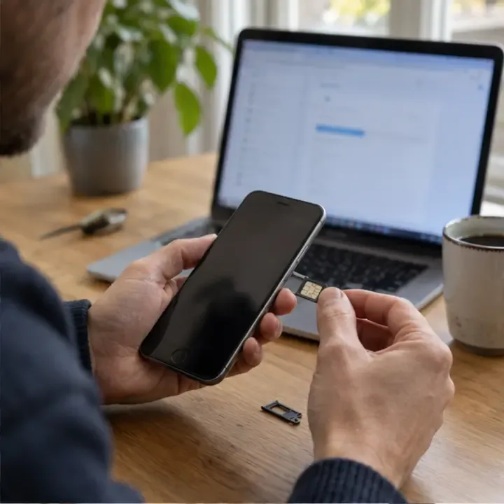 Een persoon verwijdert de simkaart uit een oude smartphone naast een laptop