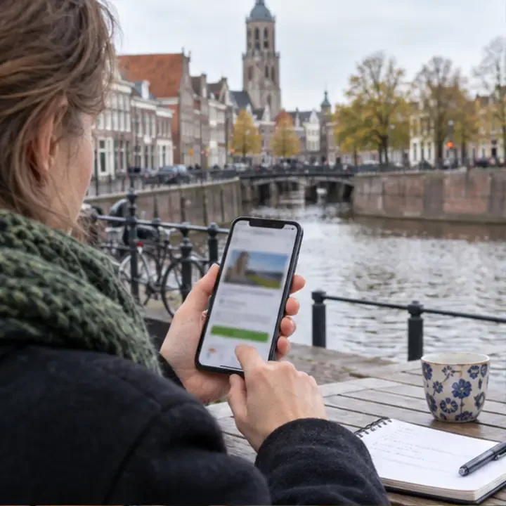 Een persoon controleert op een smartphone informatie over het inleveren van elektronica bij een waterkant