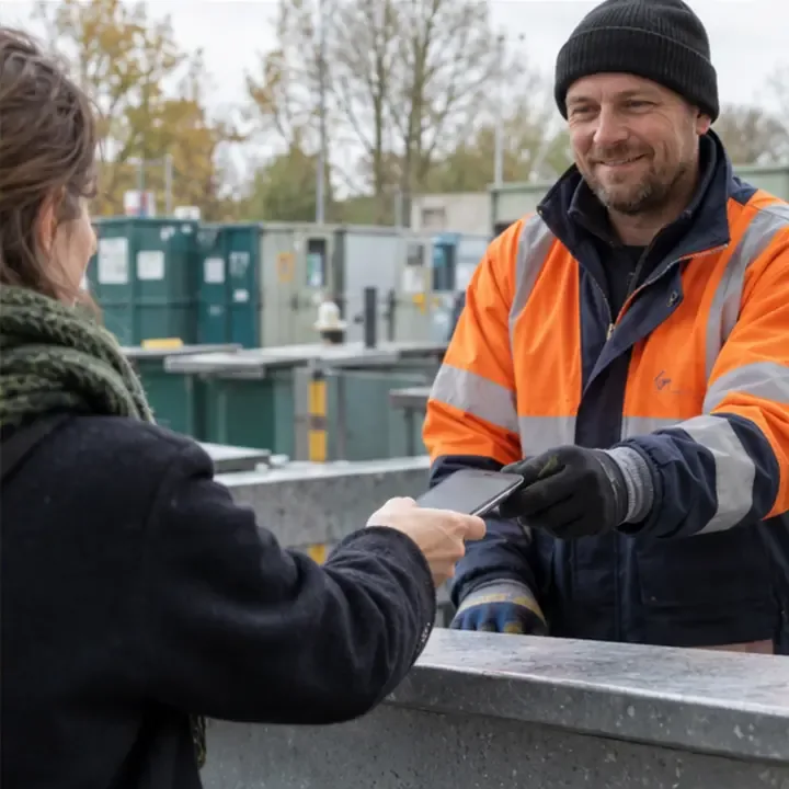 Een inwoner geeft een oude smartphone aan een medewerker bij een schoon gemeentelijk inzamelpunt