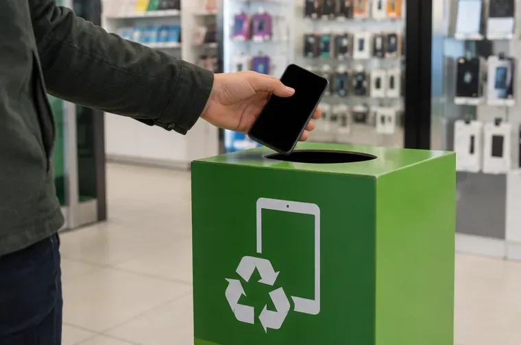 Een oude smartphone wordt bij een winkel boven een groene inzamelbak voor kleine elektrische apparaten gehouden