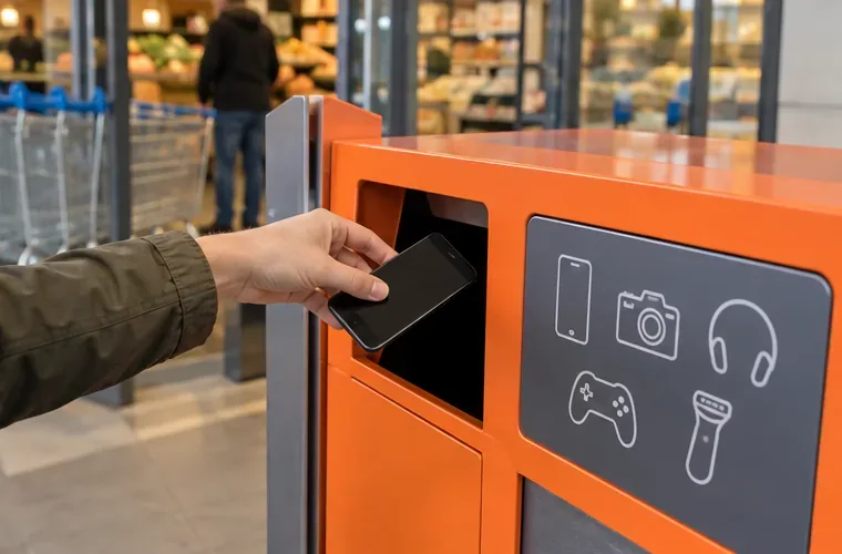 Een hand brengt een smartphone naar de opening voor kleine elektrische apparaten in een inzamelmeubel bij een winkel