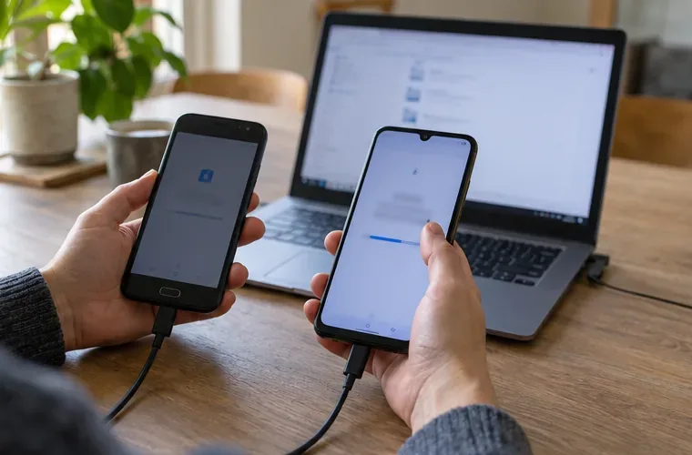 Een oude en nieuwe smartphone zijn met kabels verbonden terwijl op de achtergrond een laptop staat