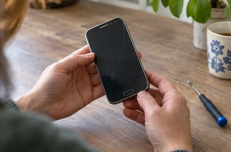 Handen bekijken een oudere smartphone op tafel naast een kleine reparatieschroevendraaier