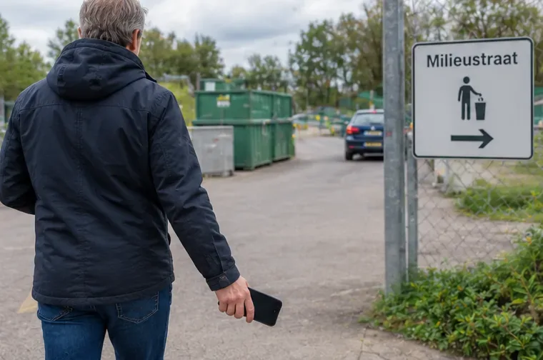 Een persoon loopt met een oude smartphone richting een terrein met een bord Milieustraat
