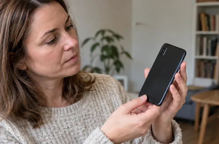 Een bewoner bekijkt de gesloten behuizing van een smartphone op zichtbare schade