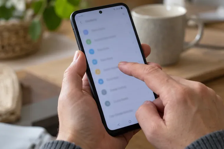 Iemand navigeert door de instellingen van een smartphone die in de hand wordt gehouden