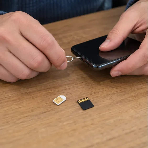 Een simkaart wordt met een uitwerppennetje uit de zijkant van een smartphone gehaald.
