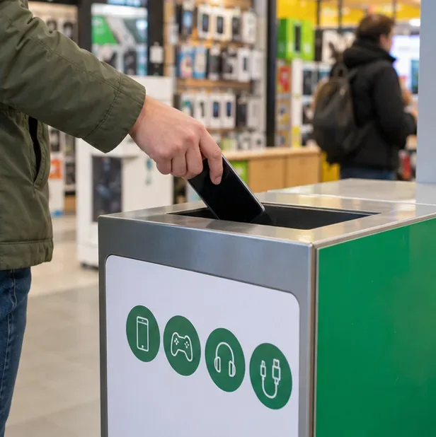 Een smartphone wordt in een inzamelbak voor kleine elektrische apparaten in een winkel gelegd.