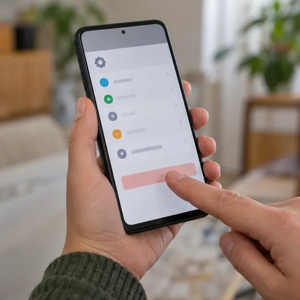 Een hand bedient het instellingenmenu van een smartphone om het toestel terug te zetten.