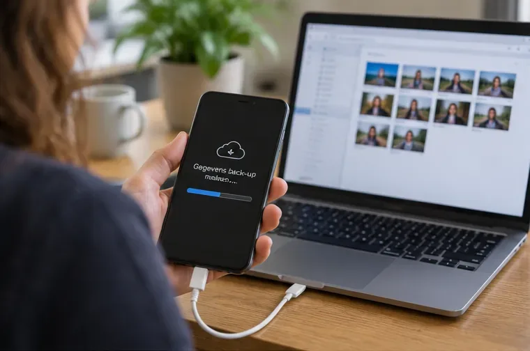 Een persoon maakt thuis een back-up van een smartphone terwijl een laptop met foto’s openstaat