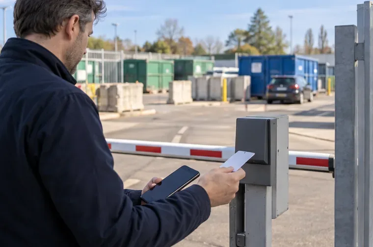 Een bezoeker houdt een toegangspas bij een kaartlezer naast de slagboom van een gemeentelijk milieubrengstation