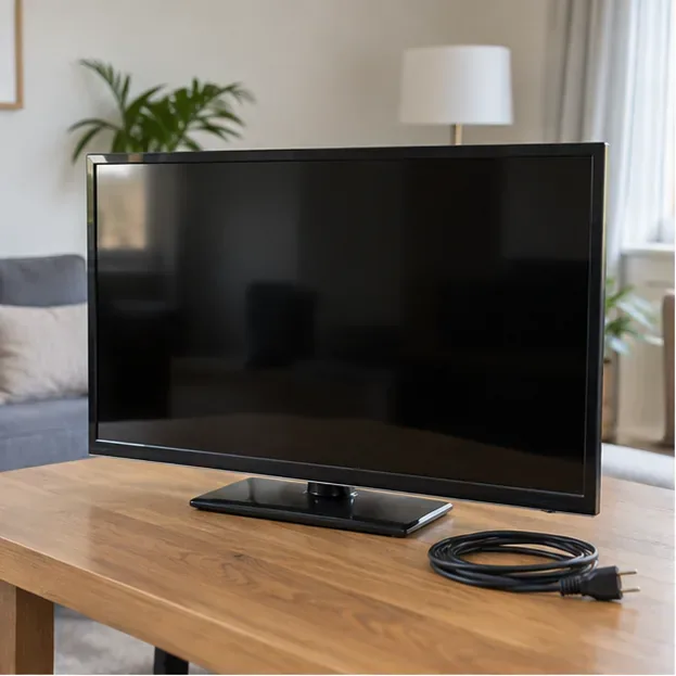 Een uitgeschakelde flatscreen-televisie met opgerold netsnoer op een tafel in een woonkamer.