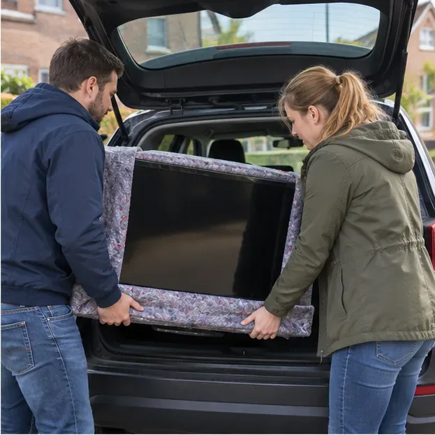 Twee mensen tillen een beschermde flatscreen-televisie voorzichtig in de bagageruimte van een auto.