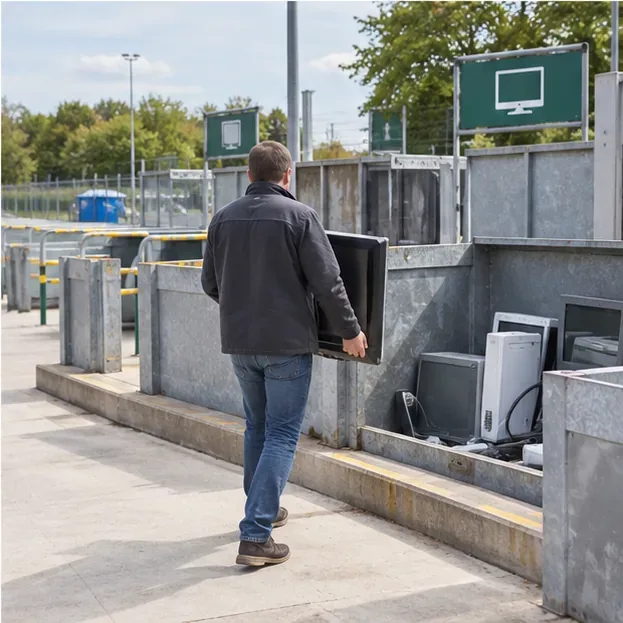 Een persoon draagt een flatscreen-televisie naar een inzamelvak voor beeldschermen op een recycleterrein.