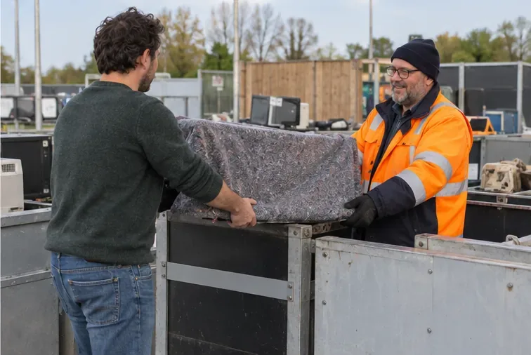 Een inwoner geeft een televisie aan een medewerker bij een gemeentelijk recyclepunt