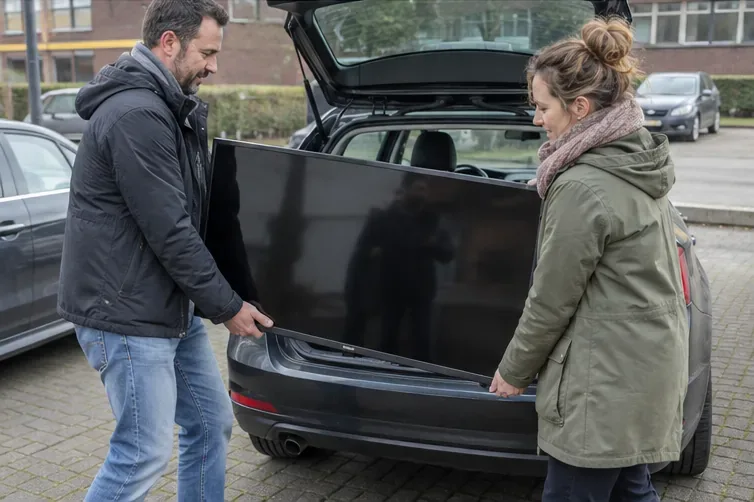 Twee volwassenen tillen een televisie voorzichtig naar een open auto