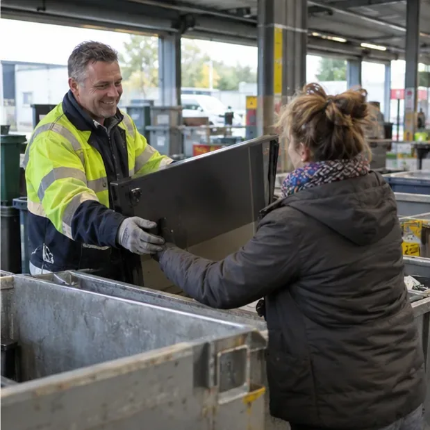 Een medewerker neemt een flatscreen-tv aan bij een neutraal inzamelpunt voor elektronica