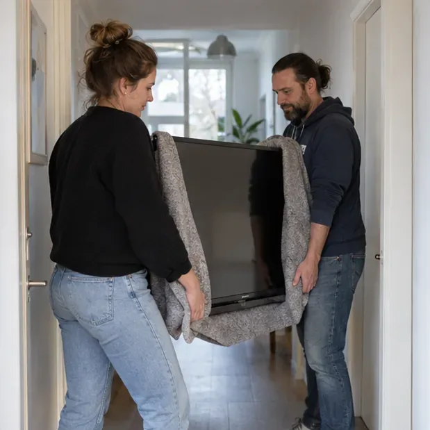 Twee volwassenen dragen een televisie rechtop met een zachte deken eromheen door een gang