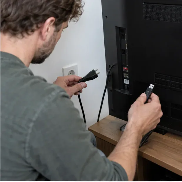 Iemand koppelt de stekker los en verwijdert een USB-stick aan de achterkant van een televisie