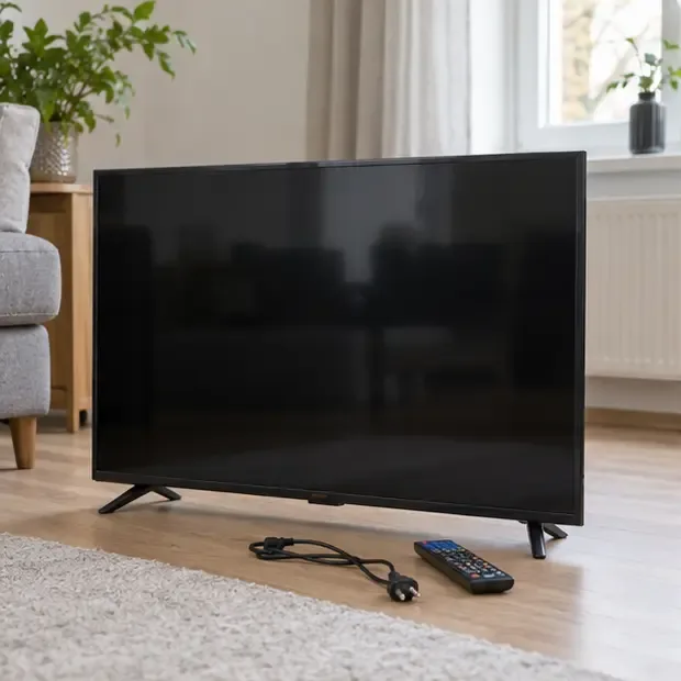 Een moderne televisie staat uitgeschakeld in een woonkamer met de stekker en afstandsbediening ernaast