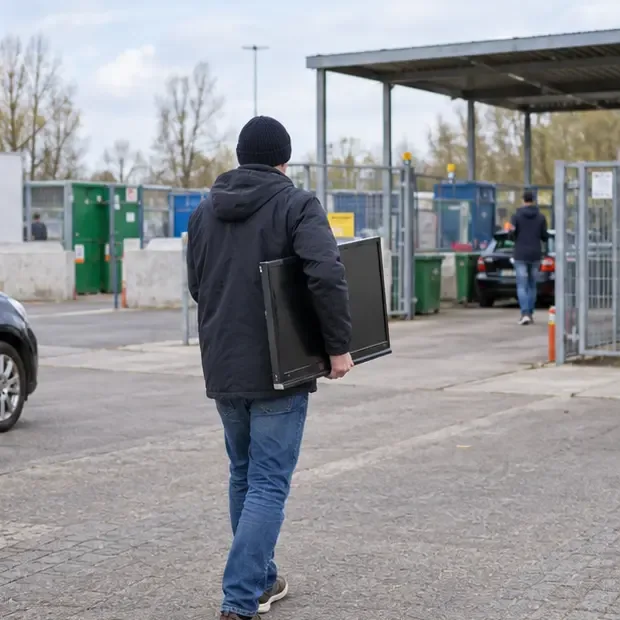 Een persoon draagt een televisie naar een algemeen gemeentelijk recyclingcentrum