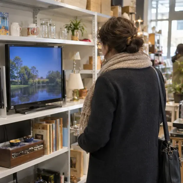 Een bezoeker bekijkt een werkende televisie in een kringloopwinkel