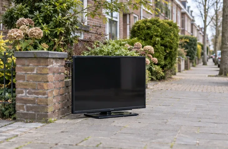 Een flatscreen-tv staat langs een woonstraat klaar voor een afgesproken grofvuilophaling.