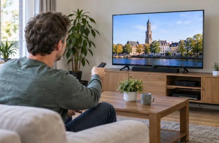 Een man zit op de bank en controleert met een afstandsbediening een werkende flatscreen-tv.