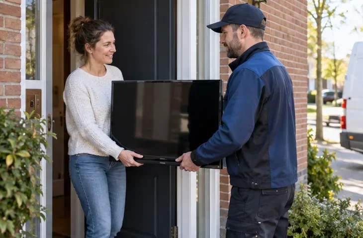 Een bewoonster en een bezorger dragen samen een oude flatscreen-tv bij de voordeur.