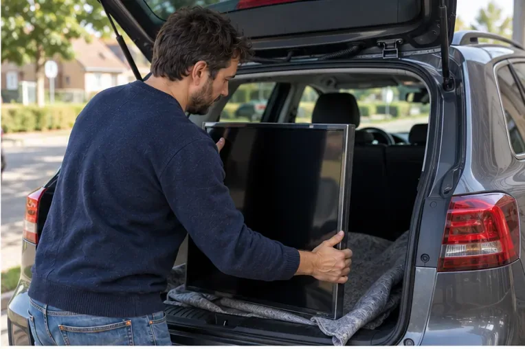 Een oude flatscreen-tv wordt rechtop en beschermd met een deken in de achterbak van een auto gezet