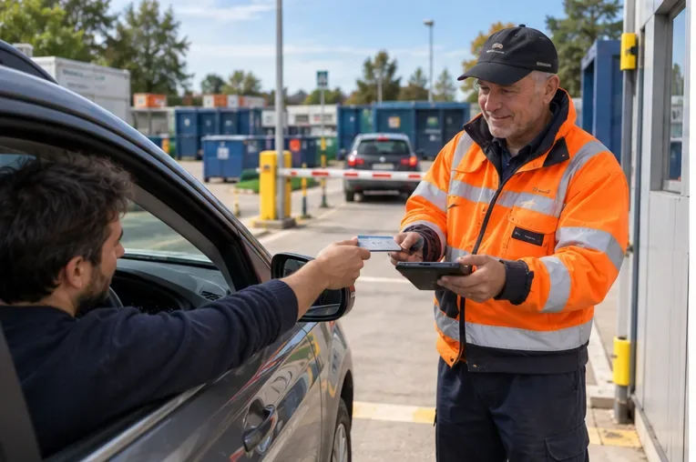 Een automobilist toont bij de ingang van een milieustraat een pas aan een medewerker in veiligheidskleding