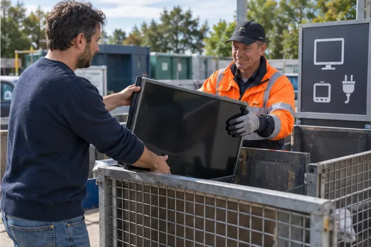 Een oude flatscreen-tv wordt samen met een medewerker bij de inzamelplek voor elektrische apparaten geplaatst
