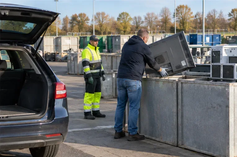 Een inwoner tilt bij een afvalbrengstation een oude flatscreentelevisie uit de auto naar een aparte container voor elektrische apparaten, terwijl een medewerker toezicht houdt.