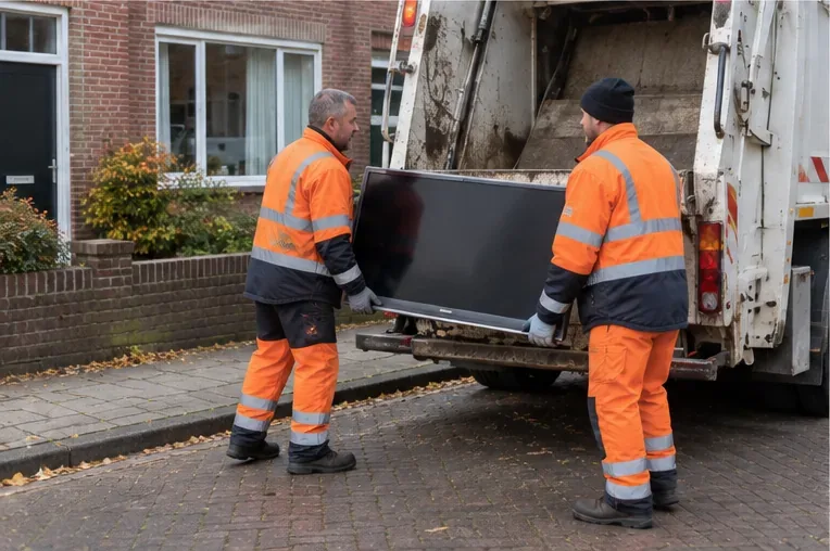 Twee inzamelmedewerkers tillen samen een grote flatscreentelevisie naar de achterzijde van een afvalinzamelwagen.