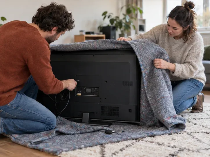 Twee mensen maken de achterkant van een grote televisie klaar voor vervoer met een beschermende deken